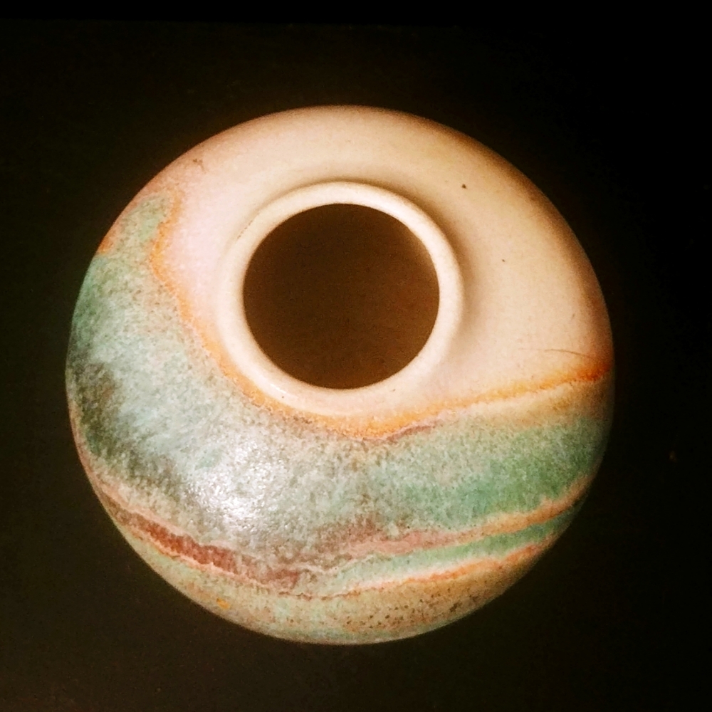 Southwest Pot Vase Stoneware Orb Pottery Swirls Marked BSA 1989